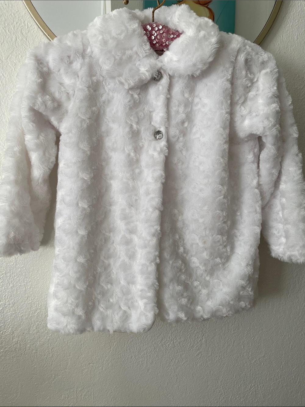 Girls' White Faux Fur Pea Coat with Sparkle Buttons